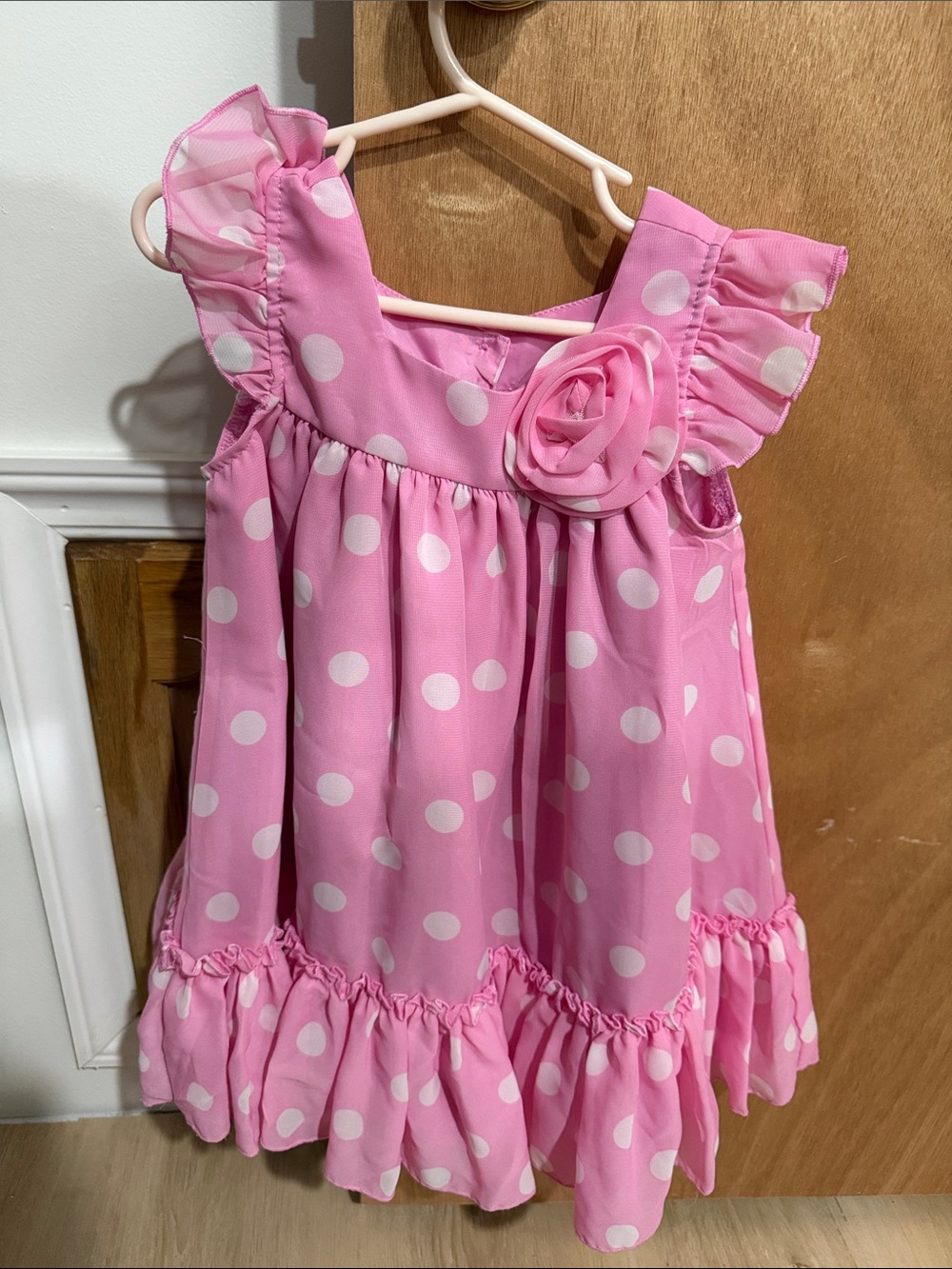 Pink Polka Dot Ruffle Girls' Dress with Flower Accent